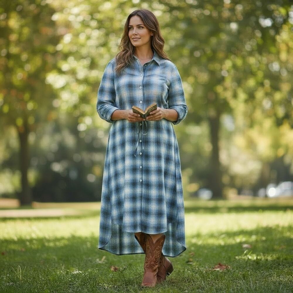 Vintage Stetson Shirt Dress Womens Blue White Plaid Hi Low Hemline Western Sz XL